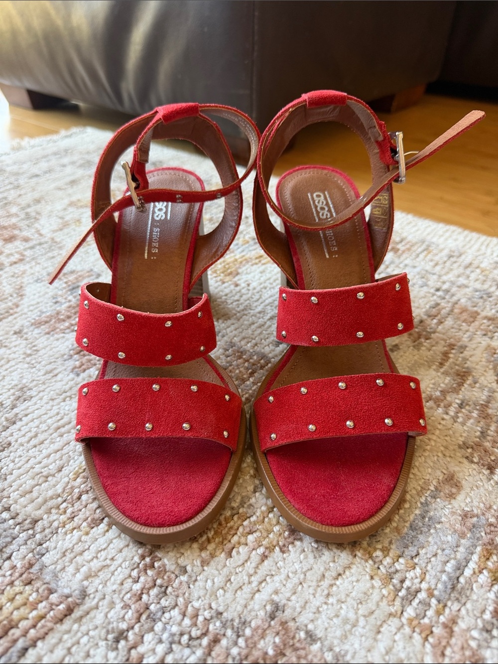ASOS Red Studded Suede Block-Heel Sandals